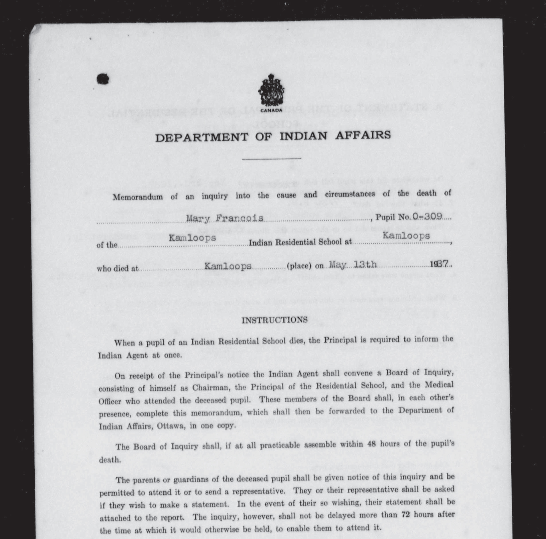 An image of Mary Francois's death record, kept by the Indian Affairs department. (National Centre for Truth and Reconciliation)
